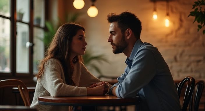 Ein Paar führt ein ernstes Gespräch in einem gemütlichen Café
