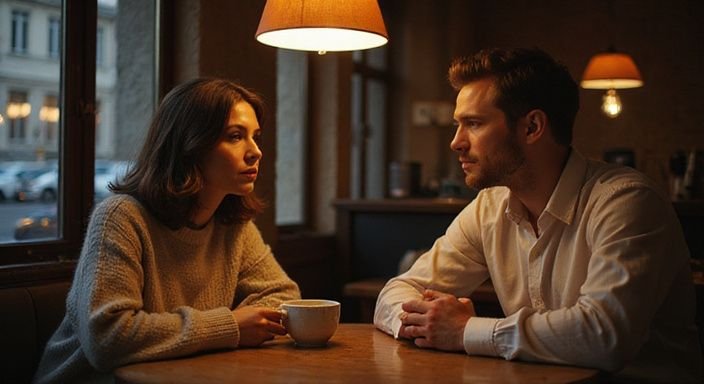 Eine Person arbeitet konzentriert an einem minimalistischen Schreibtisch. Ein Paar in einem Café, intensives Gespräch über heimlicher Sexkontakt in Wien, Nähe und Verbindung