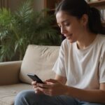 Warum eine Sex-Dating-Site wählen? Eine Person sitzt entspannt auf einem Sofa und nutzt ihr Smartphone