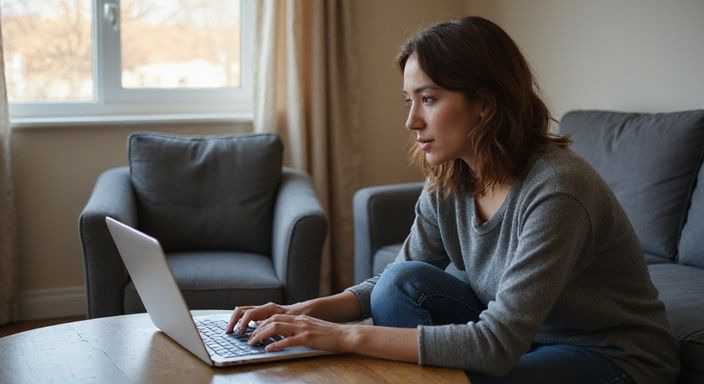 Eine junge Frau sitzt konzentriert vor einem Laptop in einem gemütlichen Raum
