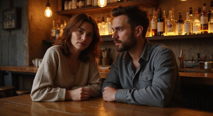 Eine Person nutzt eine Dating-App am Schreibtisch mit Notizen. Ein Paar führt ein entspanntes Gespräch über Erotische Kontakte und Sex-Dating in Tirol an einer Bar