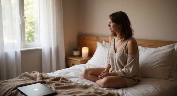 Eine nachdenkliche Person sitzt neben einer Bank vor einer Burg. Ein gemütliches Schlafzimmer mit einem Bett, Bücher und Laptop