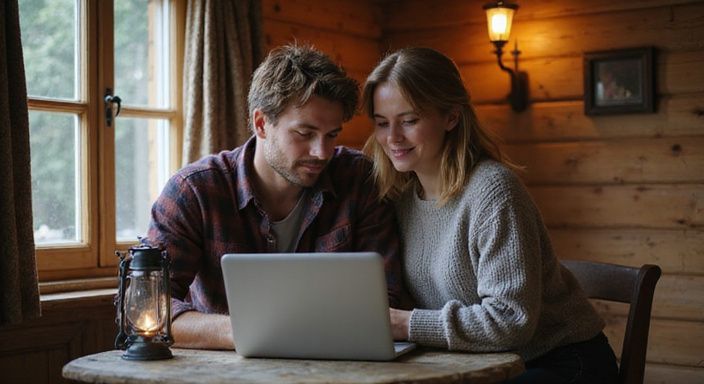 Ein MacBook und iPhone zeigen Sicherheitsanwendungen und Datenschutzthemen. Ein Paar schaut konzentriert auf einen Laptop in einer gemütlichen Berghütte