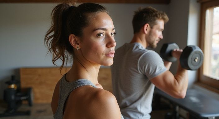 Ein Paar trainiert motiviert in einem einfachen Heim-Fitnessstudio.