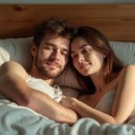 Ein Paar liegt entspannt und innig in einem gemütlichen Schlafzimmer.