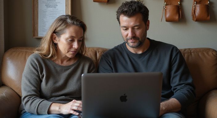 Ein Paar diskutiert konzentriert BDSM-Themen auf einem Laptop.
