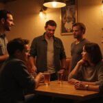 Swingers Kontakte: Finde Gleichgesinnte für erotische Abenteuer! Eine Gruppe von Erwachsenen genießt angeregte Gespräche in einem gemütlichen Club