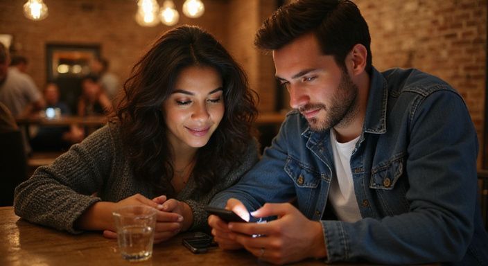 Ein Paar sitzt in einer Bar und schaut auf ihre Smartphones.