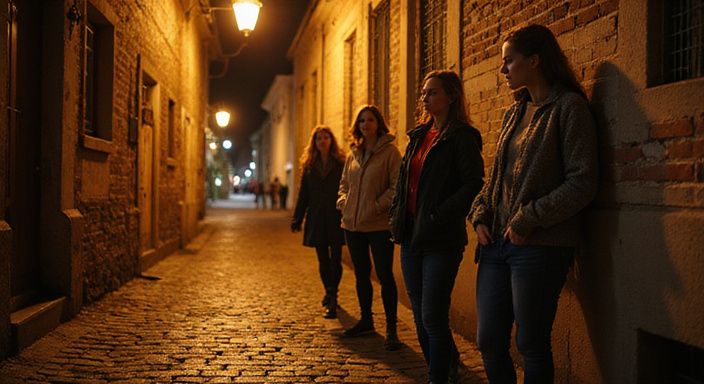 Eine gemütliche Gasse in Graz mit Frauen in saisonaler Kleidung. Eine gemütliche Gasse in Graz mit Frauen in saisonaler Kleidung.