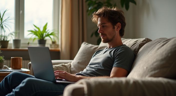 Ein nachdenklicher Mann sitzt entspannt mit seinem Laptop im Wohnzimmer. Ein nachdenklicher Mann sitzt entspannt mit seinem Laptop im Wohnzimmer und suceh sexkontakt in Graz.