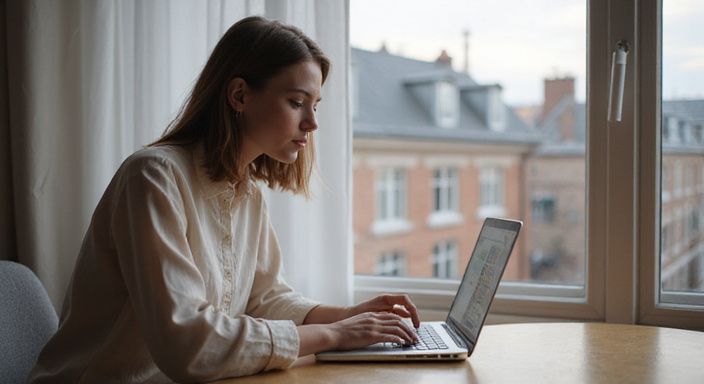 Eine Frau sitzt am Tisch und durchsucht eine Online-Plattform. Eine Frau sitzt am Tisch und durchsucht eine Online-Plattform.