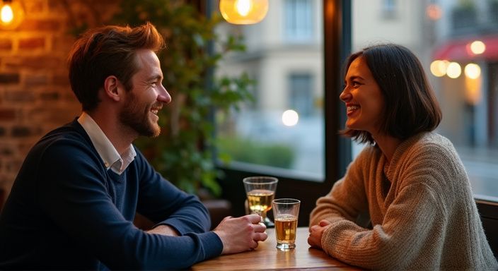 Ein Mann und eine Frau lachen in einem gemütlichen Café. Ein Mann und eine Frau lachen in einem gemütlichen Café und wollen sexkontakt in Graz.