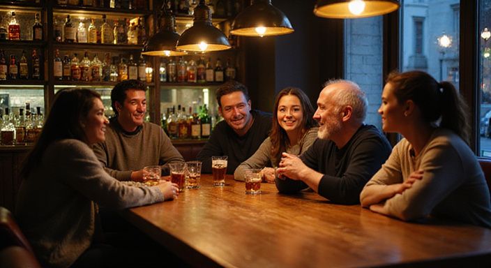 Eine Gruppe von Erwachsenen genießt geselliges Beisammensein in einer Bar. Eine Gruppe von Erwachsenen genießt geselliges Beisammensein in einer Bar.