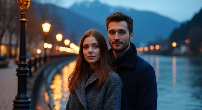 Ein Paar steht entspannt am Ufer des Inn in Innsbruck und wollen sexkontakt in Innsbruck.