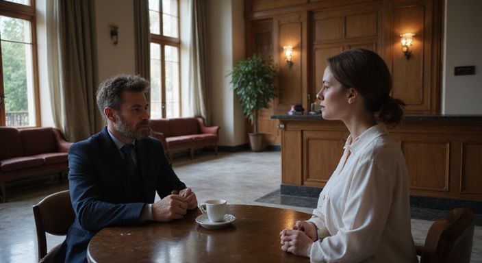 Ein Mann und eine Frau in einem ruhigen Hotellobby warten aufeinander