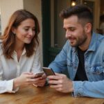 Ein Paar sitzt entspannt in einem Café und scrollt durch Anzeigen