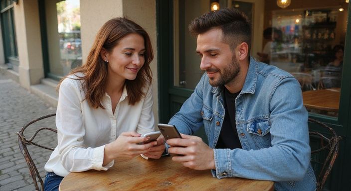 Ein Paar sitzt entspannt in einem Café und scrollt durch Anzeigen