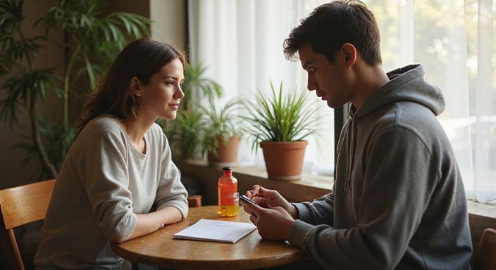 Leerer Hotelgang mit minimalistischer Einrichtung und Sicht auf Bahnhof Wels. Ein Paar diskutiert respektvoll Sicherheit und Grenzen bei einem Café Date