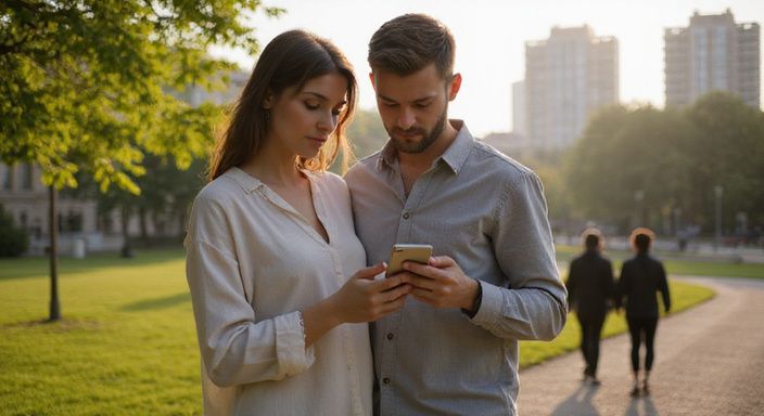 Ein Paar in einem Park suchen auf ihre Smartphones nach sextreffen in Oberösterreich.