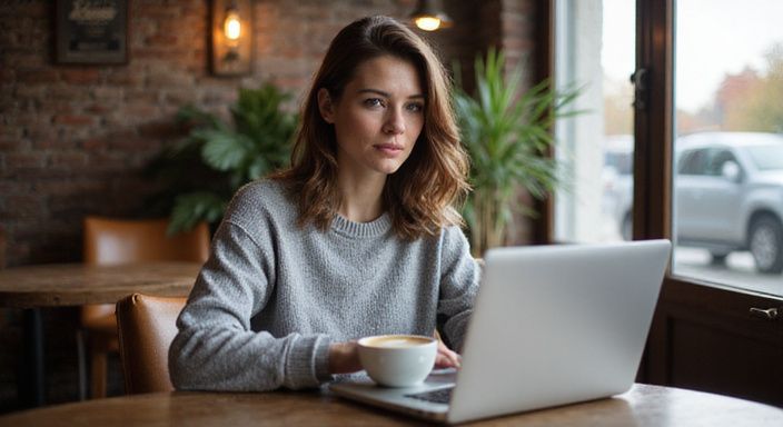 Bitte beschreibe das Bild, damit ich eine Zusammenfassung erstellen kann. Eine Frau arbeitet konzentriert an ihrem Laptop in einem Café und suche sextreffen in Oberösterreich.