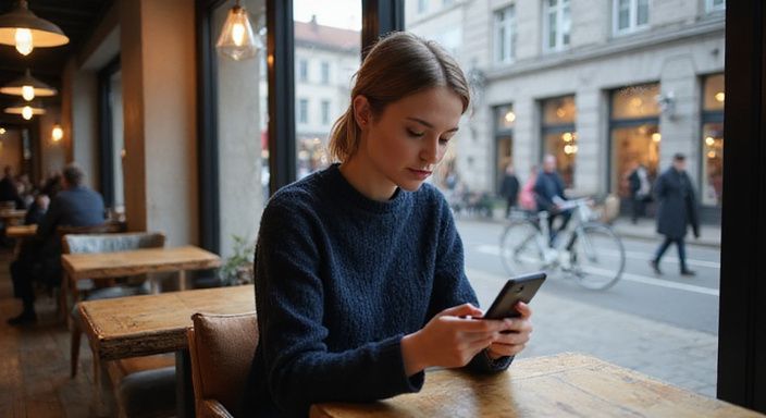 Ein junger Mann entspannt sich auf einer Couch und nutzt sein Smartphone. Eine Frau in einem Kaffeehaus scrollt konzentriert auf ihrem Smartphone und suche sextreffen in Oberösterreich.
