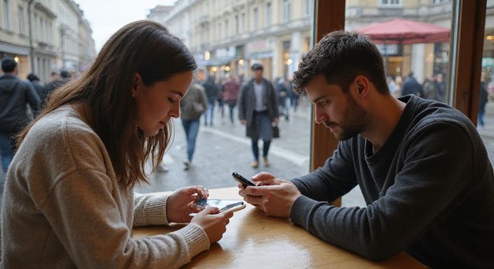 Ein nachdenklicher Mann sitzt allein in einem Café. Ein junges Paar sitzt in einem Café und nutzt Smartphones