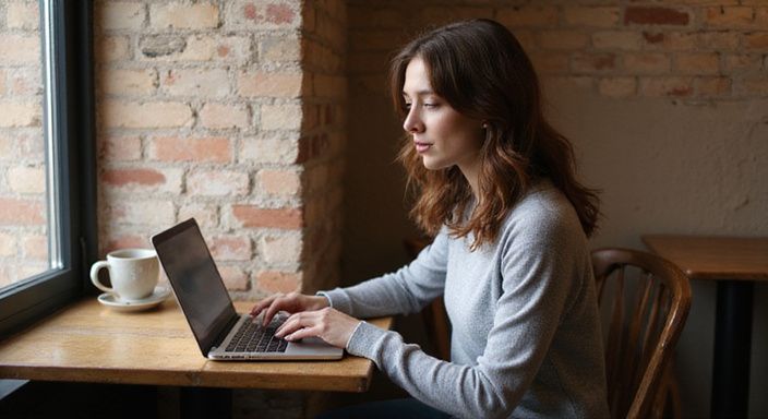 Eine Frau in einem Café sitzt konzentriert an ihrem Laptop.