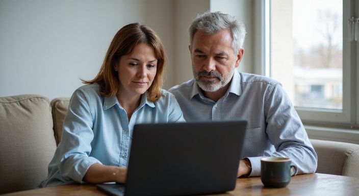 Ein mittleres Paar sitzt entspannt zusammen und betrachtet einen Laptop.