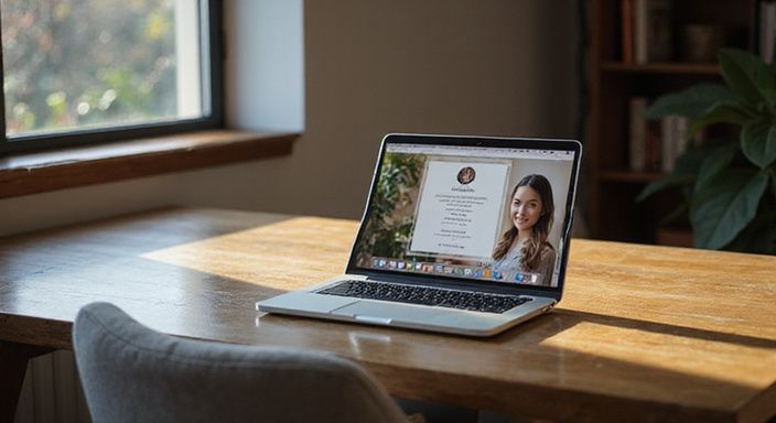 Ein offenes Laptop zeigt ein Dating-Profil auf einem Schreibtisch.