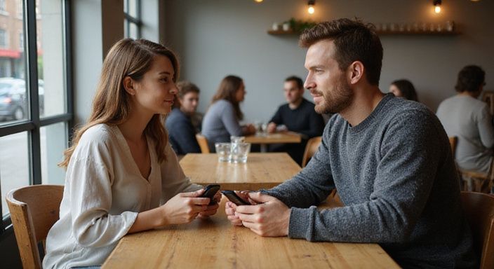 Ein Paar tauscht Kontaktdaten in einem gemütlichen Café aus.