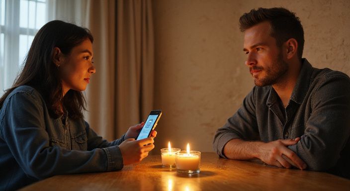 Ein Paar sitzt am Tisch und führt ein engagiertes Gespräch.