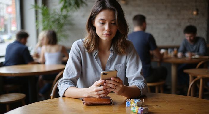 Eine Frau in einem Café, konzentriert auf ihr Smartphone.