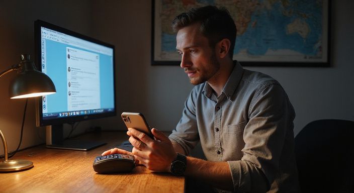 Eine Person arbeitet konzentriert an einem Schreibtisch mit Technik.