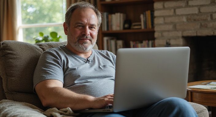 Eine mittelalte Person sitzt entspannt in einem gemütlichen Sessel.