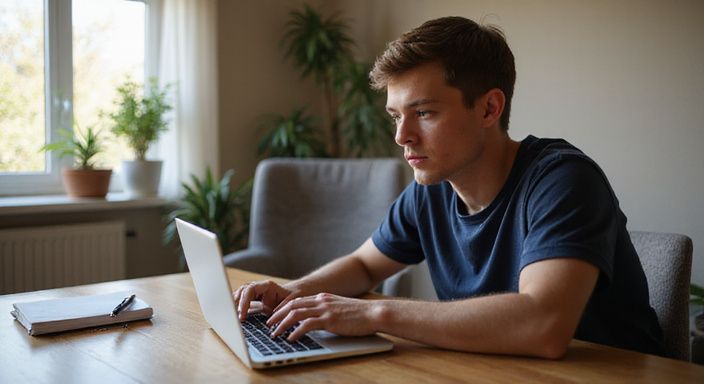 Junge Erwachsene kommunizieren konzentriert am Laptop in ruhiger Umgebung.