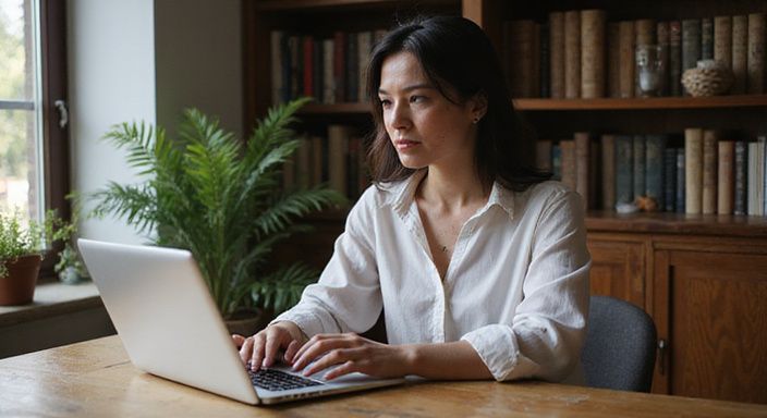 Eine konzentrierte Frau arbeitet an einem Laptop an ihrem Schreibtisch.