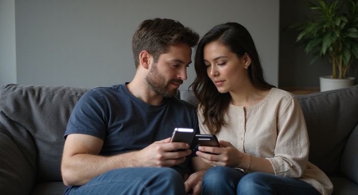 Ein Paar in einem gemütlichen Wohnzimmer nutzt eine Dating-App.