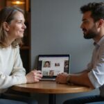 Eine Frau und ein Mann führen ein einfühlsames Gespräch im Café