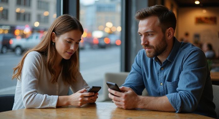 Ein Paar vergleicht Dating-Apps in einem modernen Café. Ein Paar vergleicht Dating-Apps für Sex-Dates in meiner region in einem modernen Café.