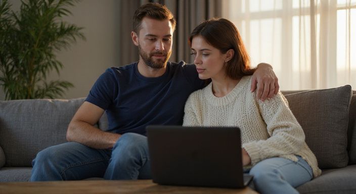 Ein Paar sitzt gemeinsam auf einer Couch und browsed eine Dating-Website. Ein Paar sitzt gemeinsam auf einer Couch und browsed eine Dating-Website.