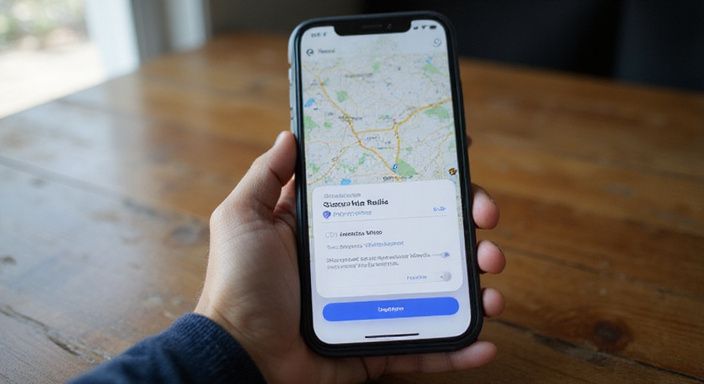 Ein Smartphone zeigt eine digitale Karte mit aktiver Standortfreigabe. Ein Smartphone zeigt eine digitale Karte mit aktiver Standortfreigabe.