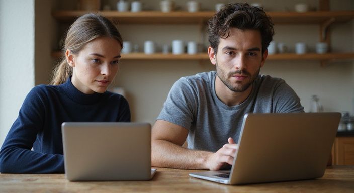 Zwei Personen erkunden vorsichtig Dating-Profile in einem Café. Zwei Personen erkunden vorsichtig Dating-Profile für Sex-Dates in meiner region in einem Café.
