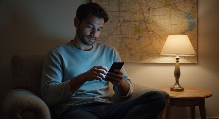Eine entspannte Person sitzt mit einem Smartphone in einem gemütlichen Raum. Eine entspannte Person sitzt mit einem Smartphone in einem gemütlichen Raum und suche Sex-Dates in meiner region.