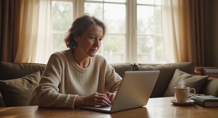 Eine nachdenkliche Frau in einem gemütlichen Wohnzimmer am Laptop. Eine nachdenkliche Frau in einem gemütlichen Wohnzimmer am Laptop.