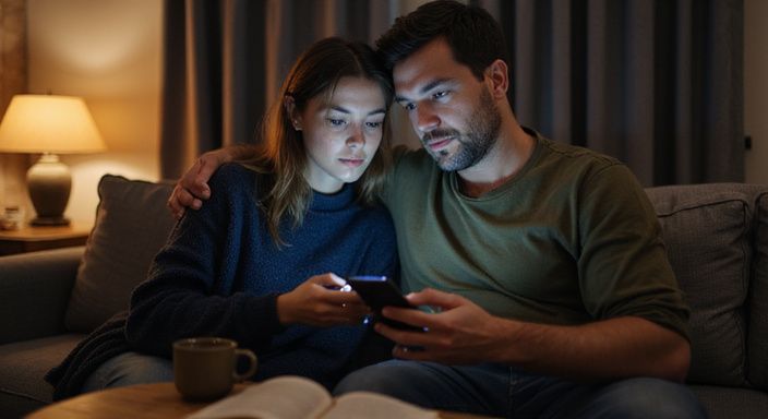 Ein Paar sitzt auf einem Sofa und betrachtet gemeinsam ein Smartphone. Ein Paar sitzt auf einem Sofa und betrachtet gemeinsam ein Smartphone.