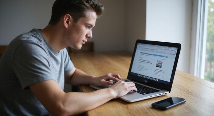 Junger Erwachsener arbeitet konzentriert an einem Laptop mit Dating-Webseiten.
