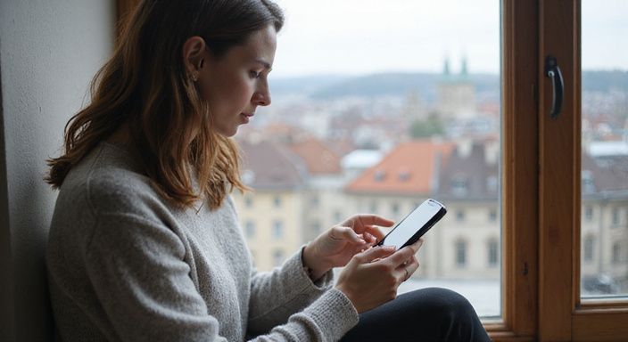 Eine Frau scrollt konzentriert auf ihrem Smartphone in einem Raum.