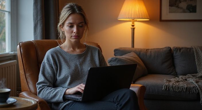 Eine Frau sitzt entspannt mit einem Laptop und Tee in einem Wohnzimmer.