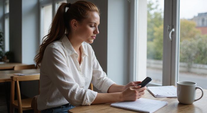 Eine Frau scrollt konzentriert durch eine App für erotisch kontakt in Österreich auf ihrem Smartphone.