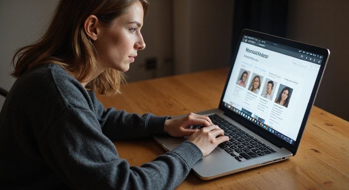 Eine Frau konzentriert sich auf ihrem Laptop an einem Schreibtisch.